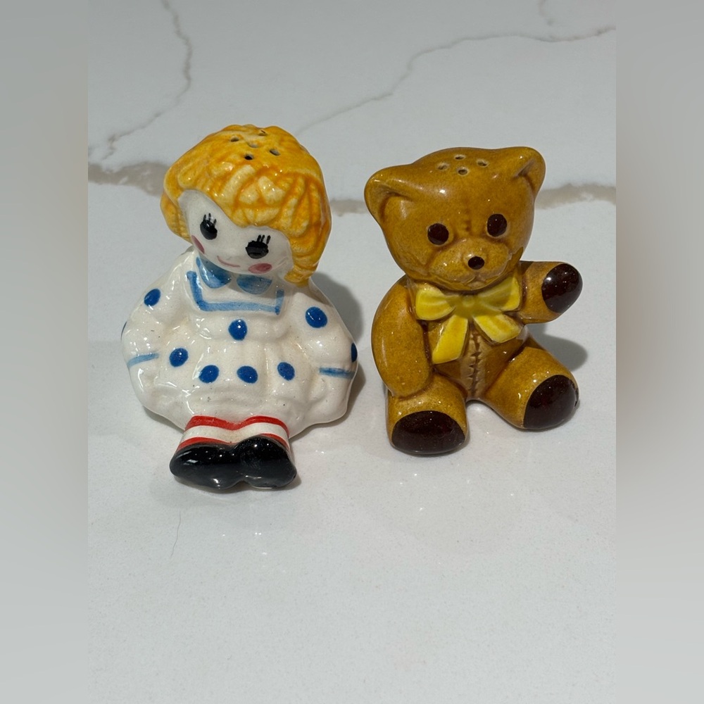 Set of Toy Doll & Teddy Bear Salt & Pepper Shakers Vintage Avon